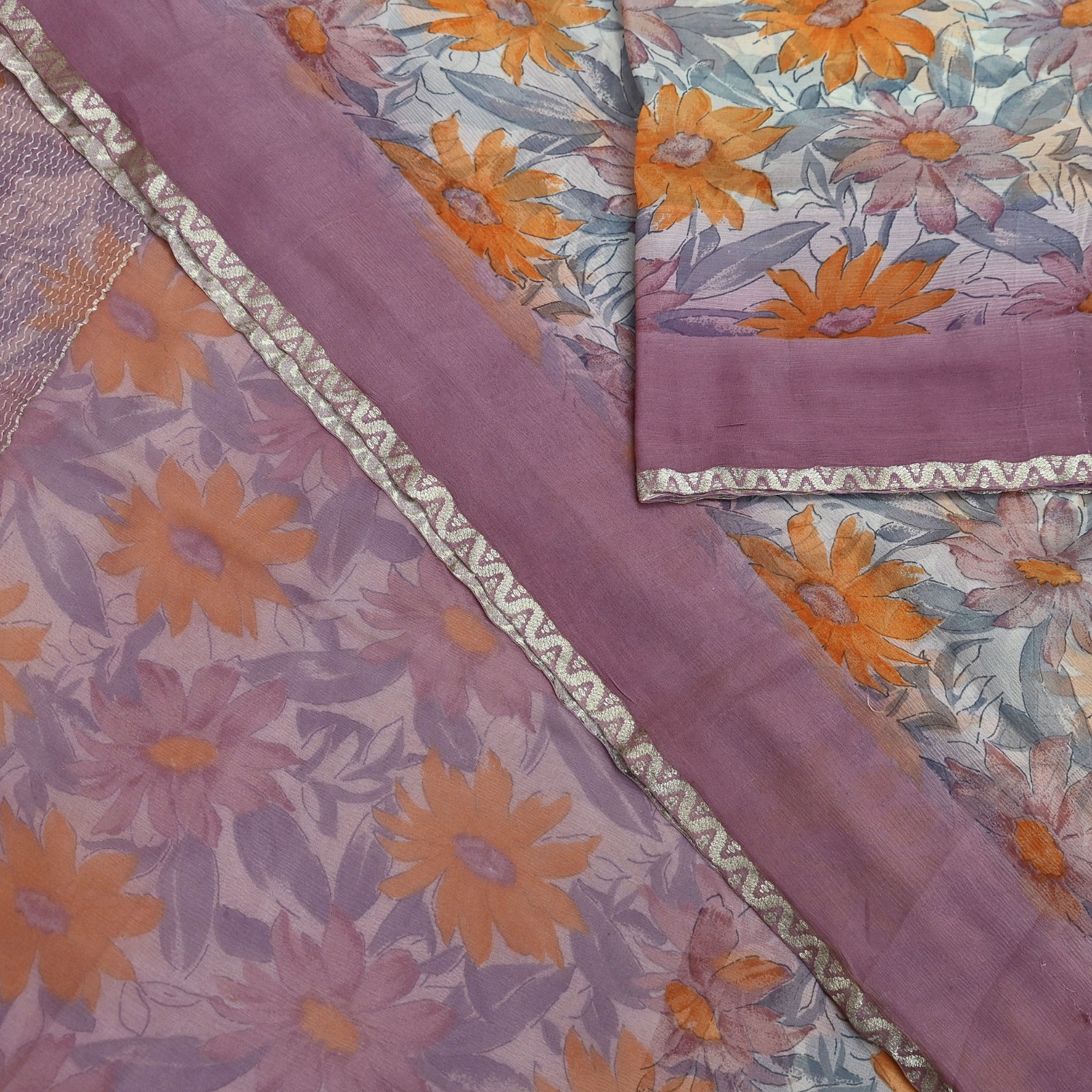 Vintage Sari Pure Chiffon Silk Sarees Printed Floral 5 Yards Soft Fabric Zari
