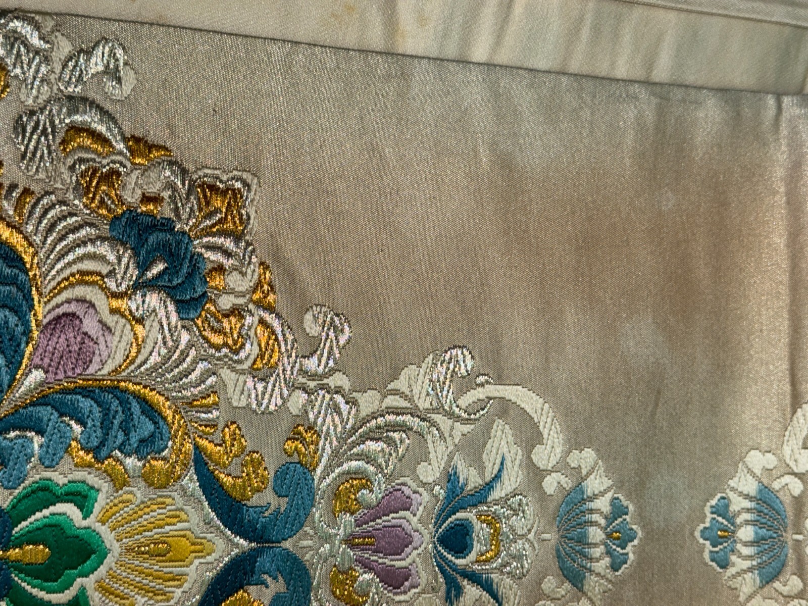 Japanese Vintage Kimono Fukuro Obi silk White Embroidery Expensive Dirt 170x12in