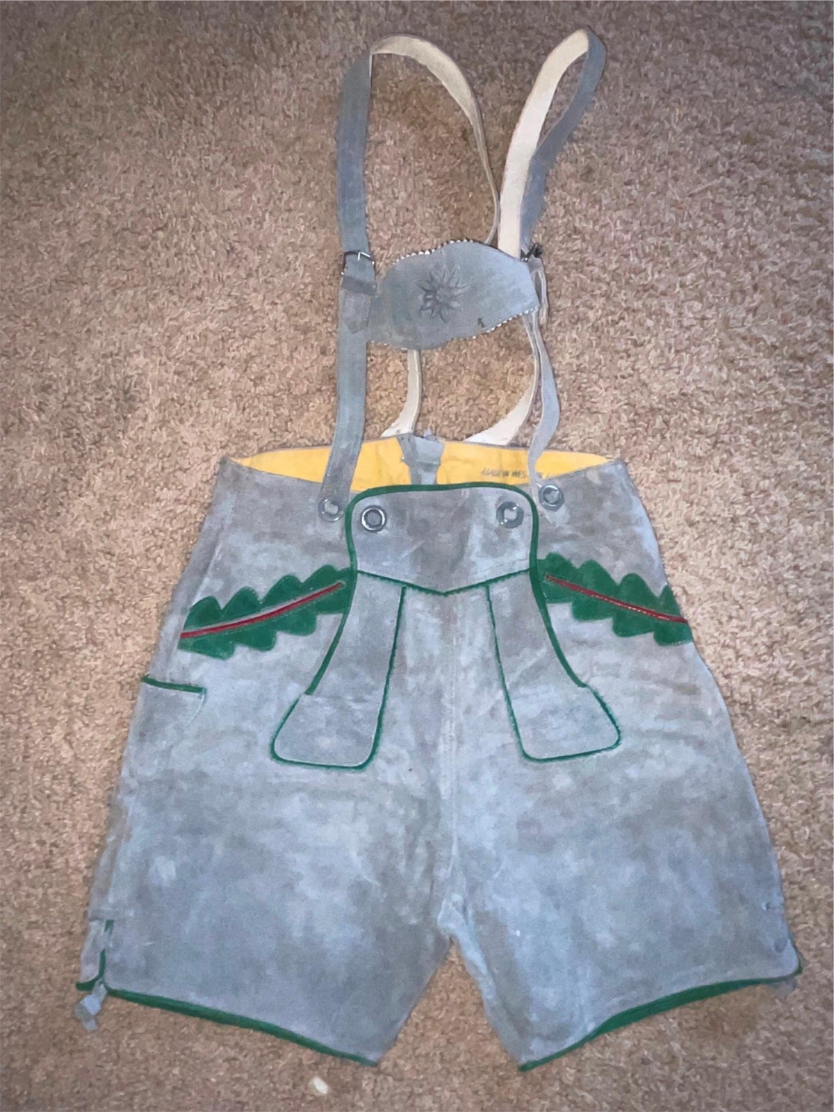 VTG WEST GERMANY LEDERHOSEN GRAY GREEN SUSPENDERS SUEDE LEATHER SHORTS PANTS