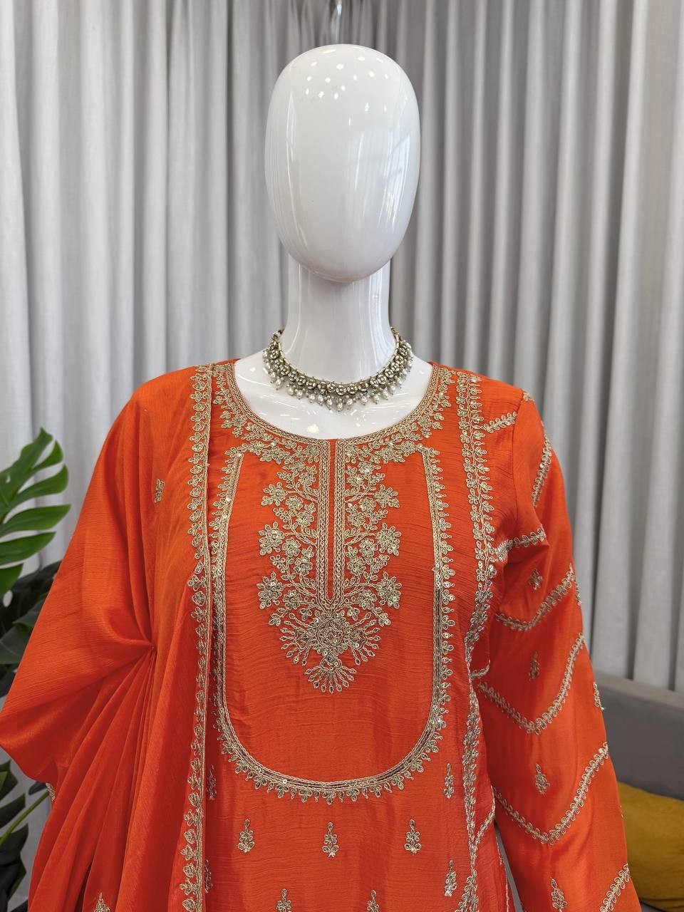 New Presenting Chinon Silk Orange Top Palazzo With Dupatta For Women & Girls
