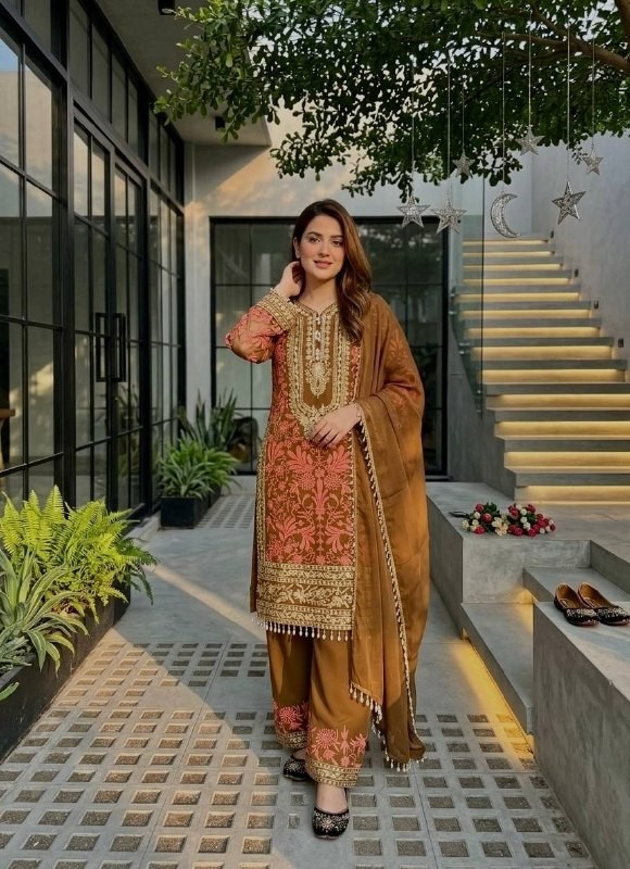 Readymade Brown With Pink Embroidered Kurti Palazzo Pant For Festive Wear
