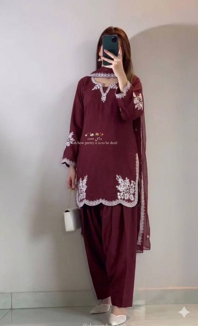 New Roman Cotton Maroon Salwar Kameez With Dupatta For Organza For Women