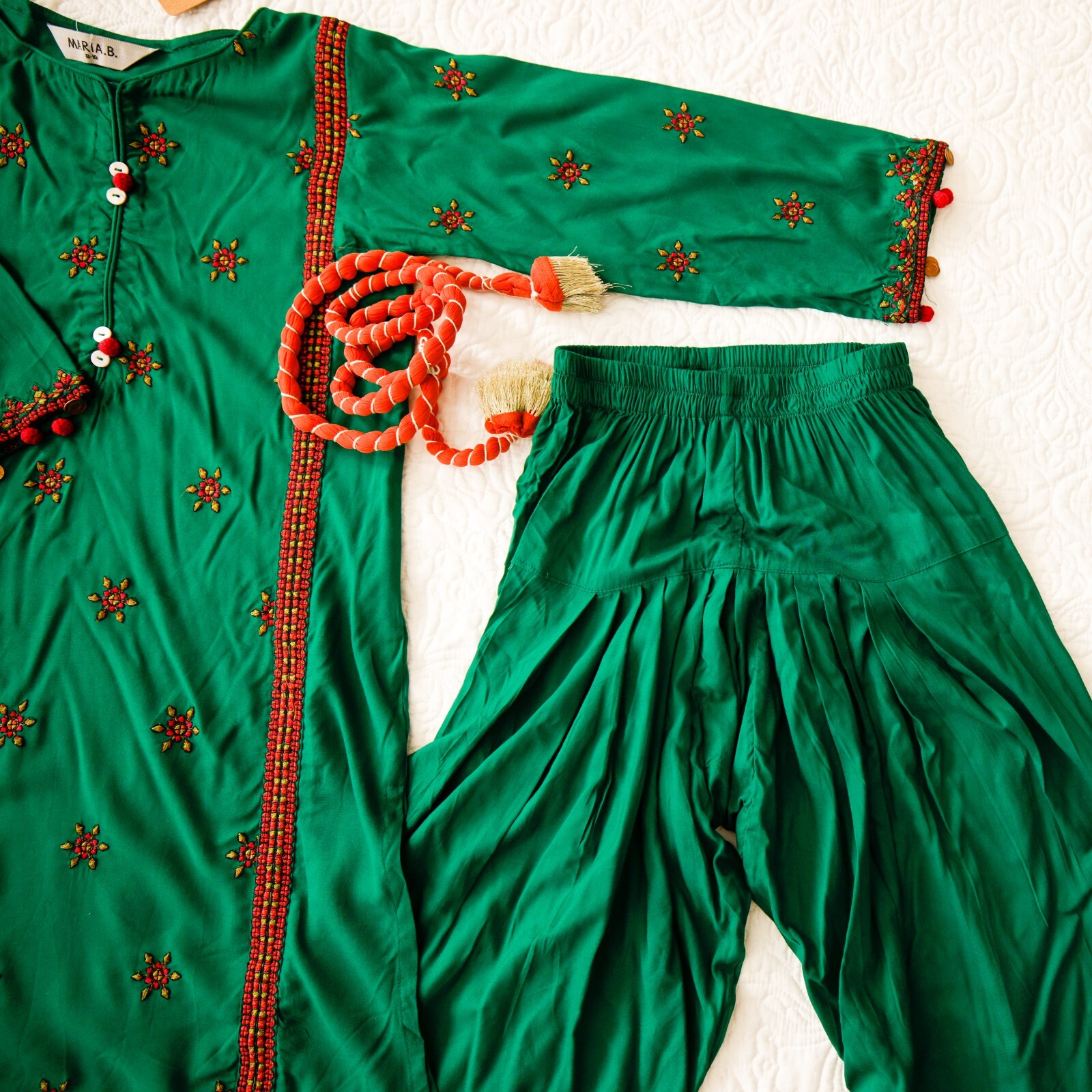 Maria B. Girls Pakistani 3 Piece Kameez Trouser Outfit, 2-4 Years, Green/Orange