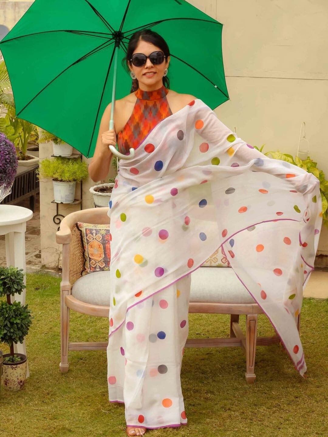 Women’s Peach Cotton Linen Polka Dot Printed Saree with Unstitched Blouse Piece