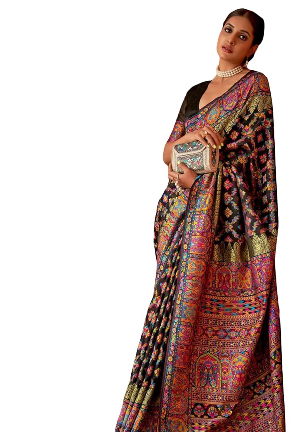 Women’s Kashmiri Pashmina Jamawar Woven Banarasi Silk Saree With Blouse Piece