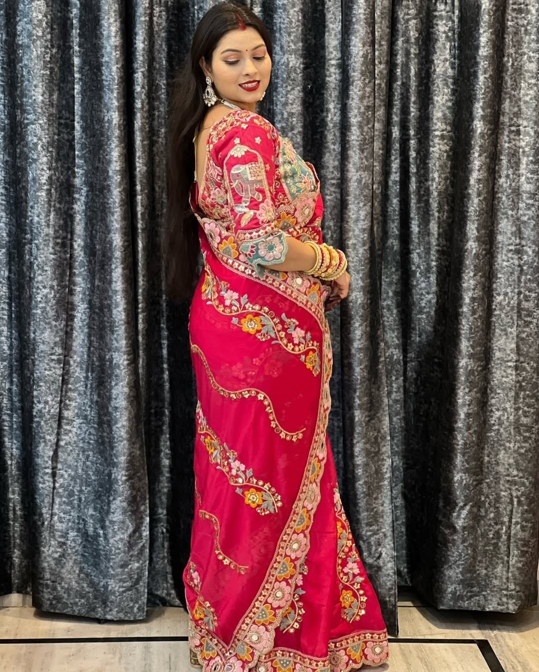 Rani Pink Designer Saree Work Embroidery Wedding Party Wear Women Ethnic Festive