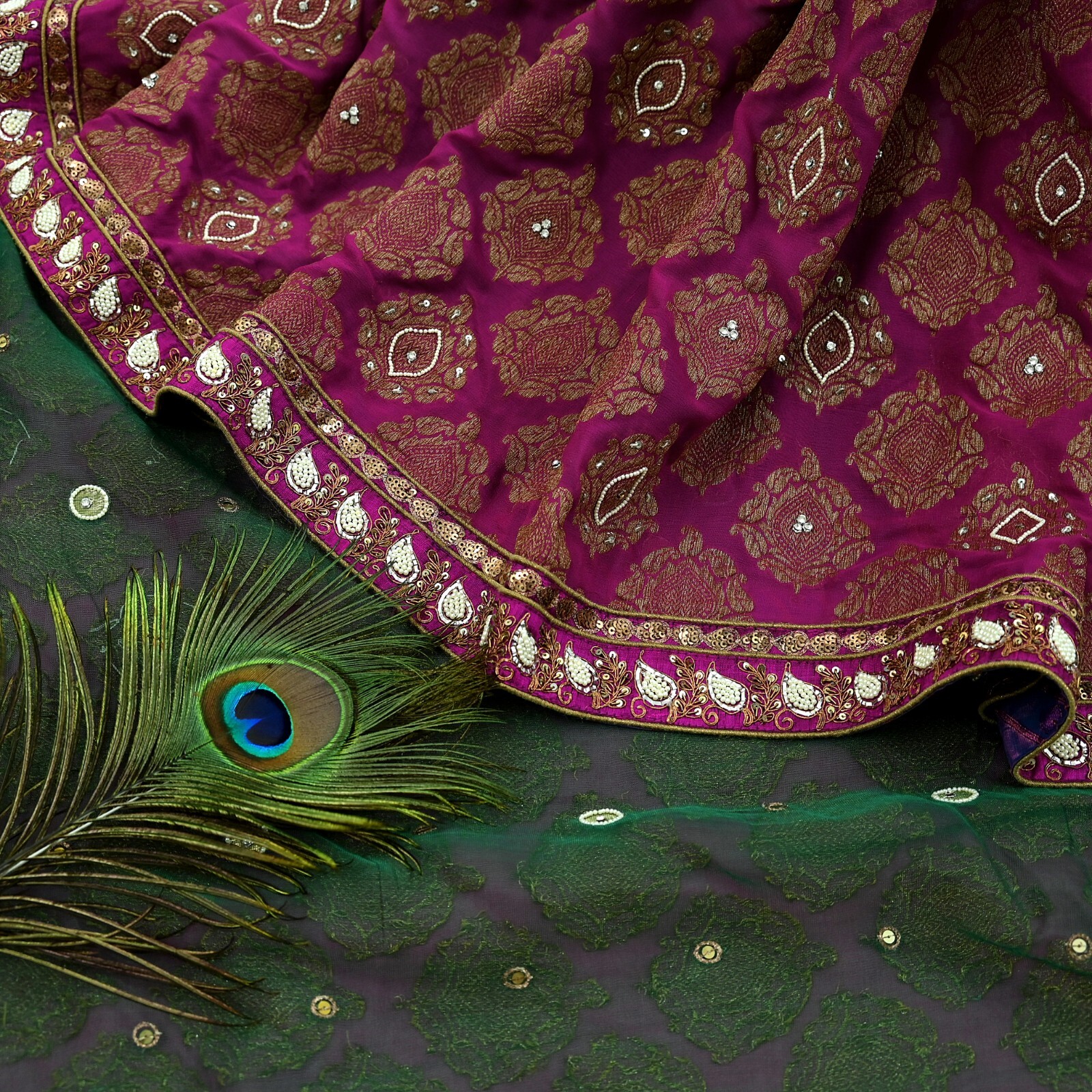 Indian Sari Green & Purple Net Hand Embroidered Designer Sabyasachi Sarees 6yard