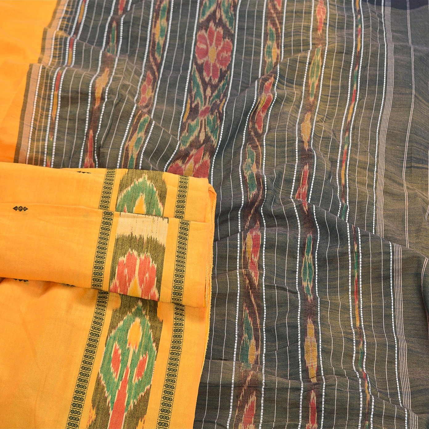 Sanskriti Vintage Yellow Ikat Hand Woven Sarees Blend Cotton Sari Craft Fabric