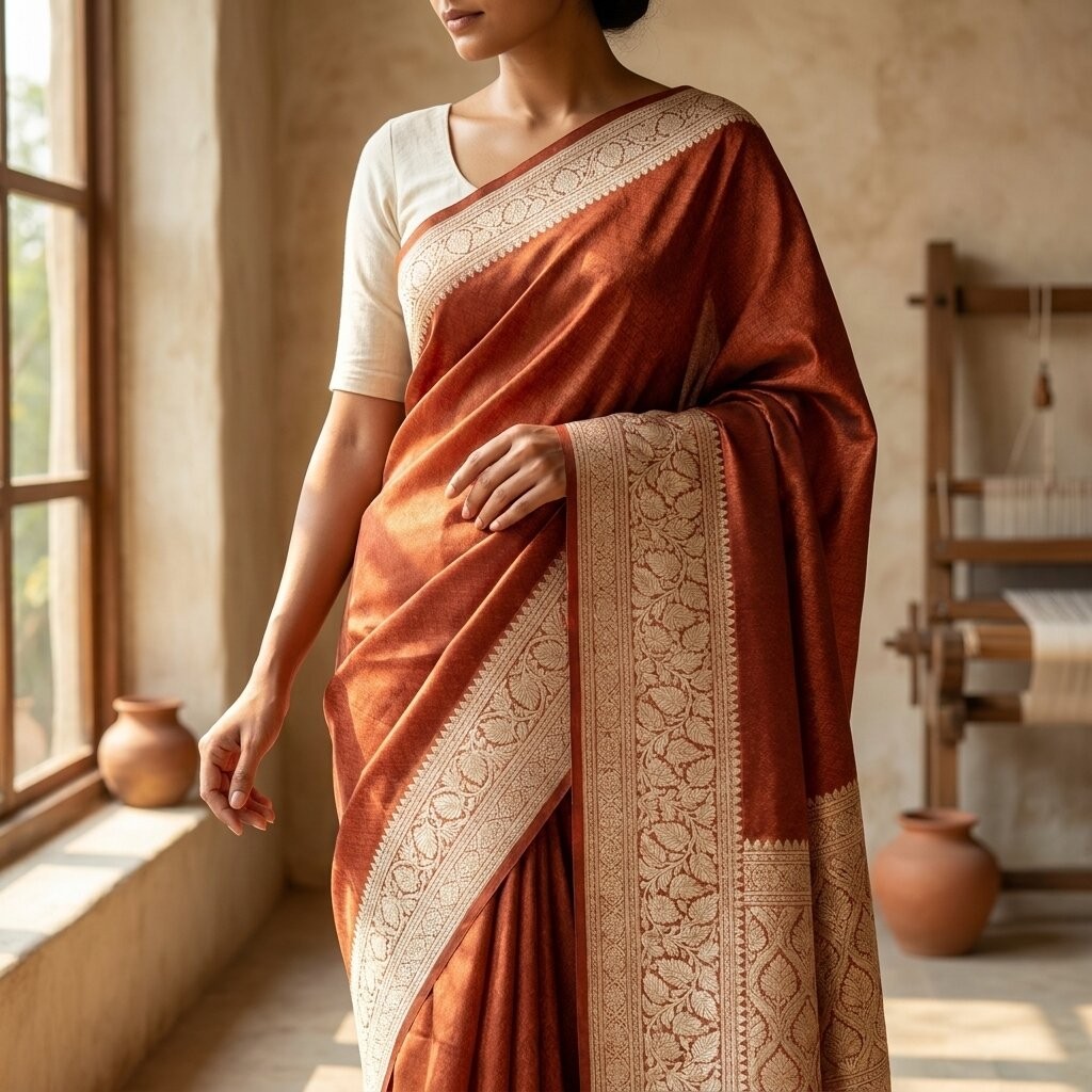 Sanskriti Vintage Orange Pure Satin Saree Banarasi Brocade Zari Hand-Woven Sari