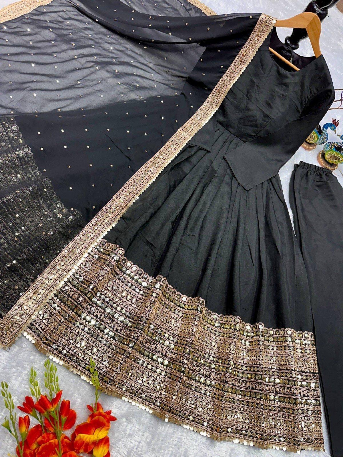New Heavy Roman Silk Black Gown Bottom With Dupatta For Women Festival Wear