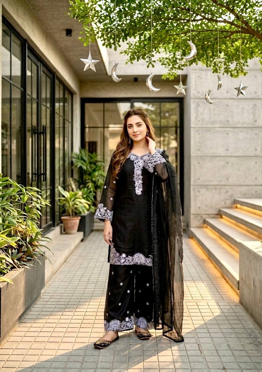 Party Wear Black Mal Chanderi Top Palazzo With Dupatta For Women & Girls