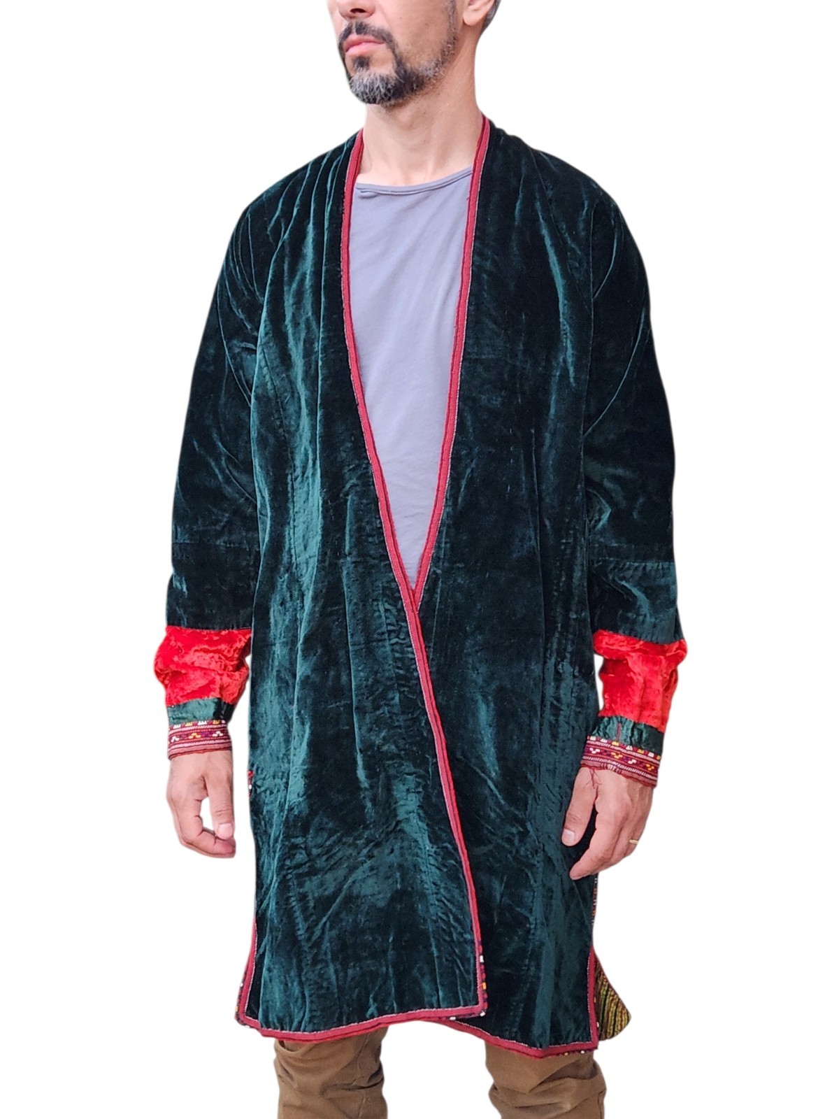 Vintage Turkmen Velvet Green Red Embroidered Chapan, Kaftan Robe (M/L ?)