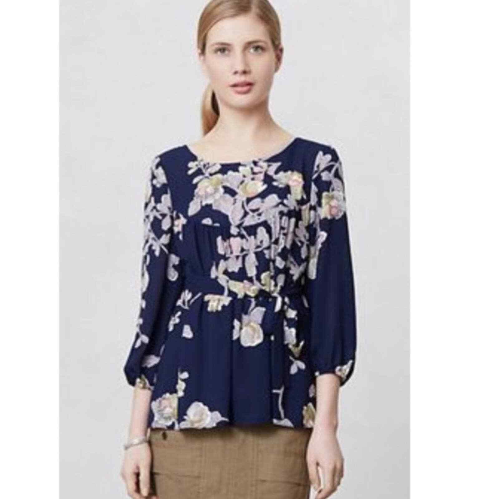 Anthropologie Maple Navy Blue Provencal Floral Blouse