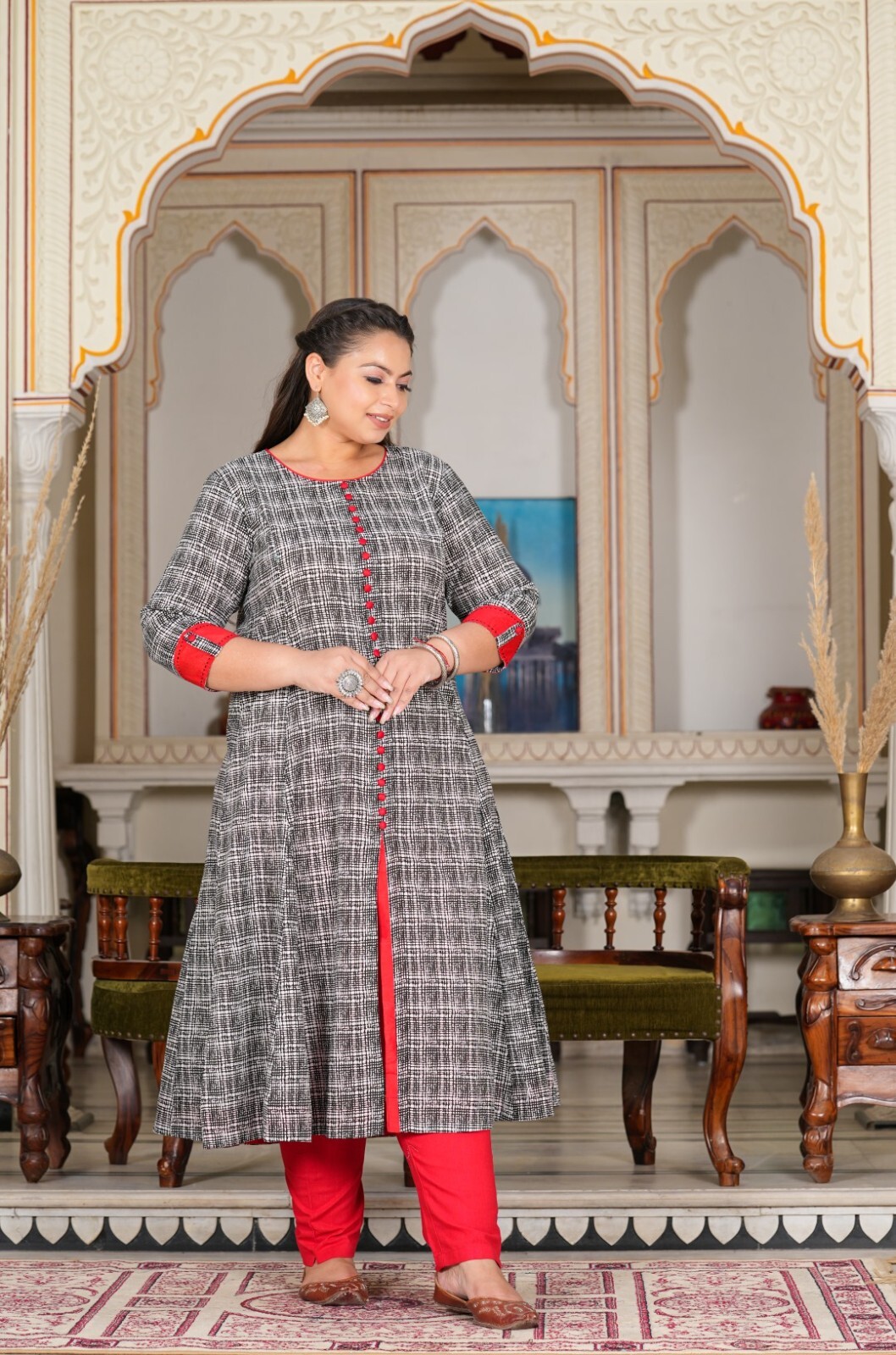 YASH GALLERY Women’s Plus Size Cotton Printed Grey Anarkali Kurta