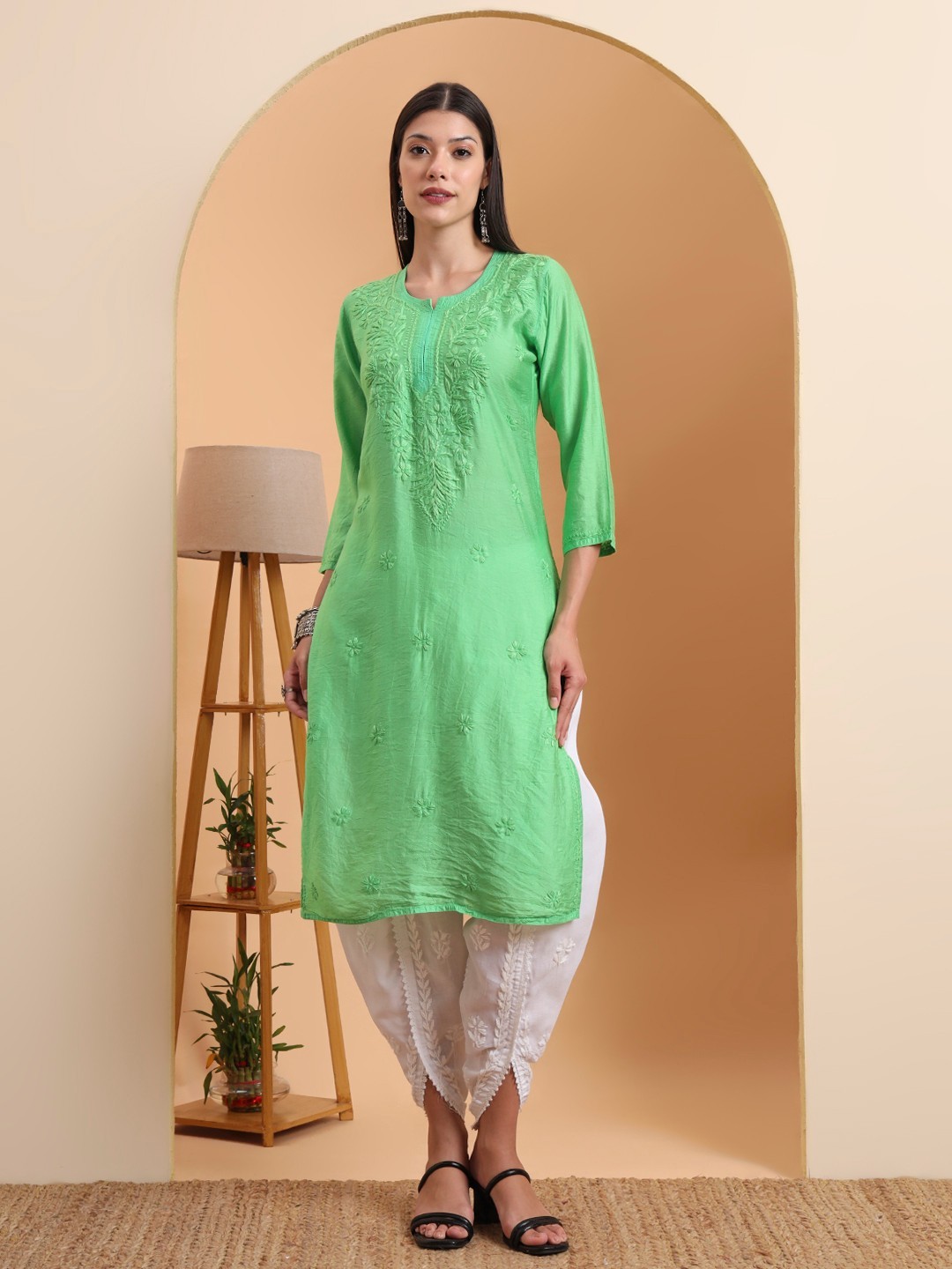 Women Green Chanderi Chikankari Kurta |Embroidered Straight Kurti |Festive Wear