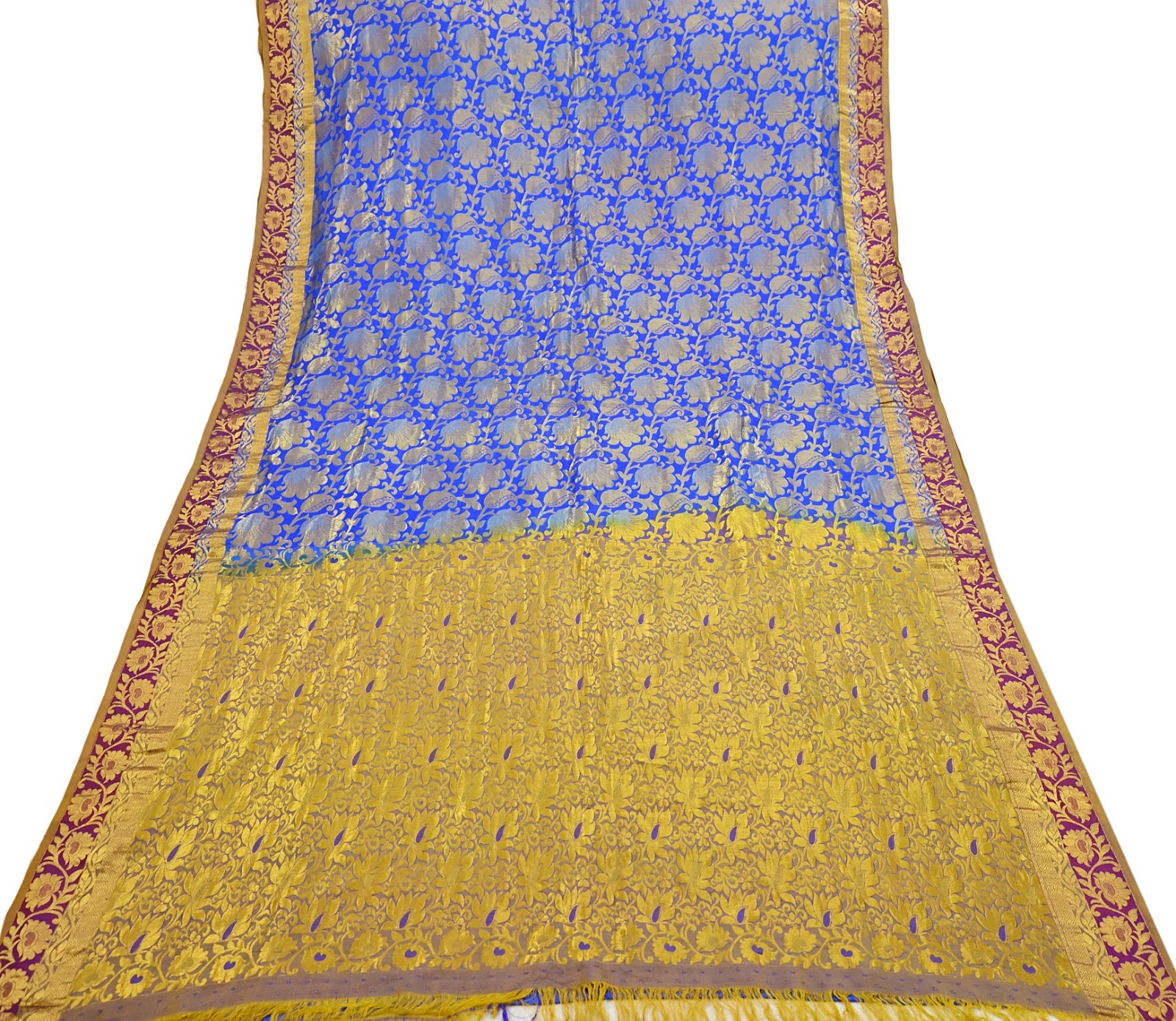Indian Vintage Heavy Royal Blue & green Kanjivaram Saree 100% Pure Silk Sari 5yd