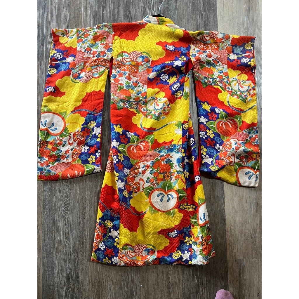 Vintage 70s Handmade Kimono Robe Japanese Childrens Multicolor Floral Fruit