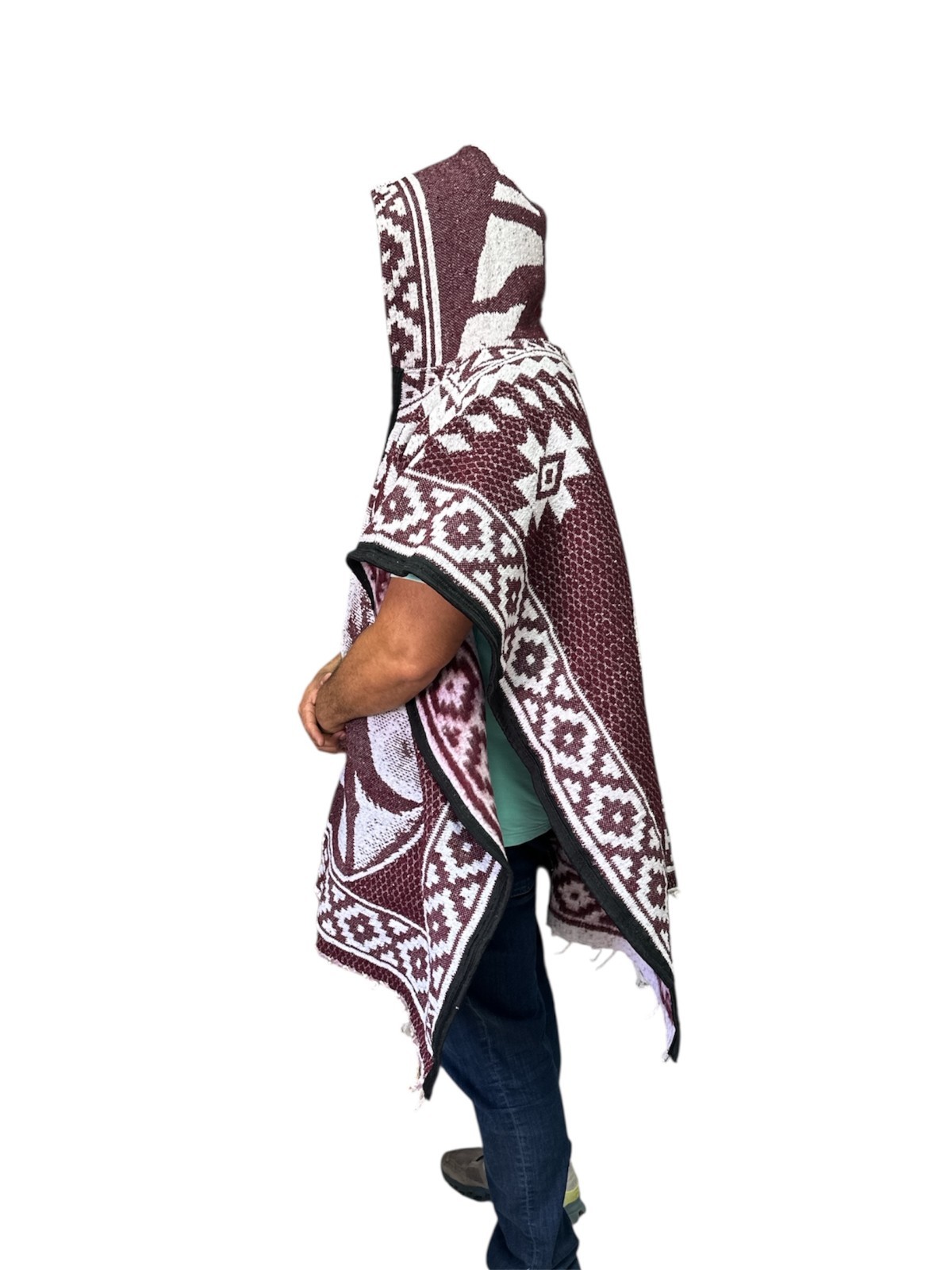 2XL MEXICAN PONCHO WITH HOOD , HOWLING WOLF BLANKET , ONE SIZE , BURGUNDY