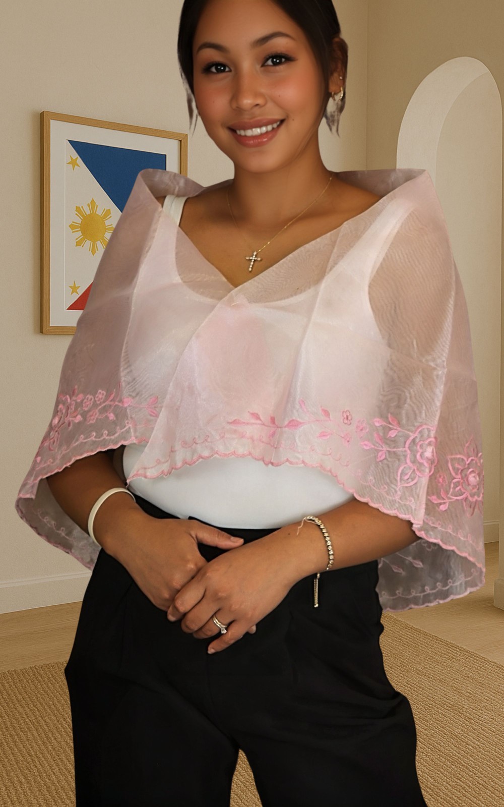 Handmade Kapamilya Alampay | Embroidered Organza Shawl for Women