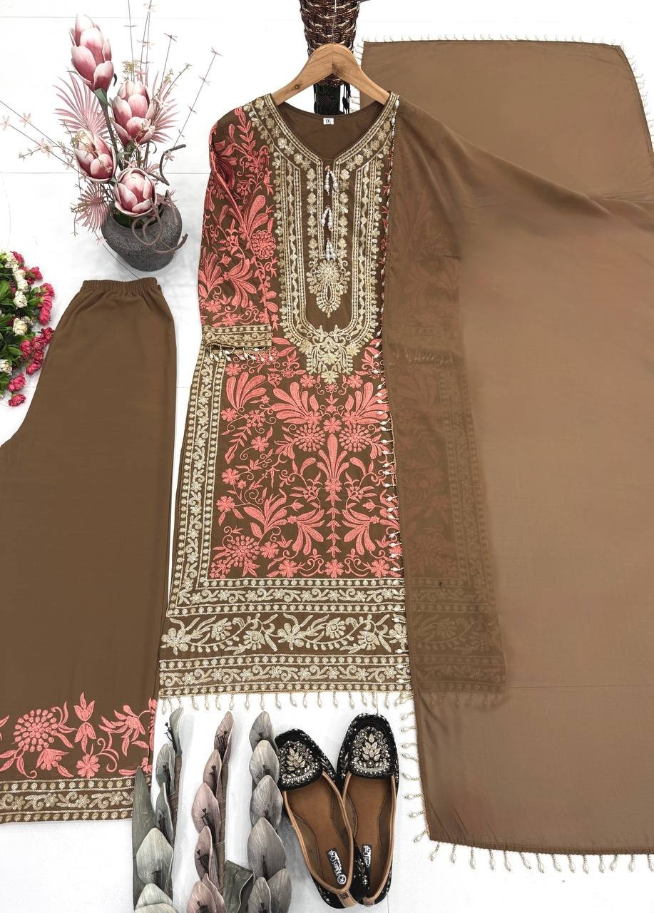 Readymade Brown With Pink Embroidered Kurti Palazzo Pant For Festive Wear