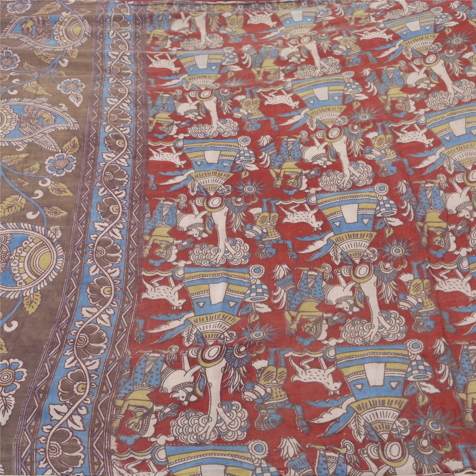 Sanskriti Vintage Gray/Red Pure Cotton Sarees Kalamkari Printed Sari 5+Yd Fabric