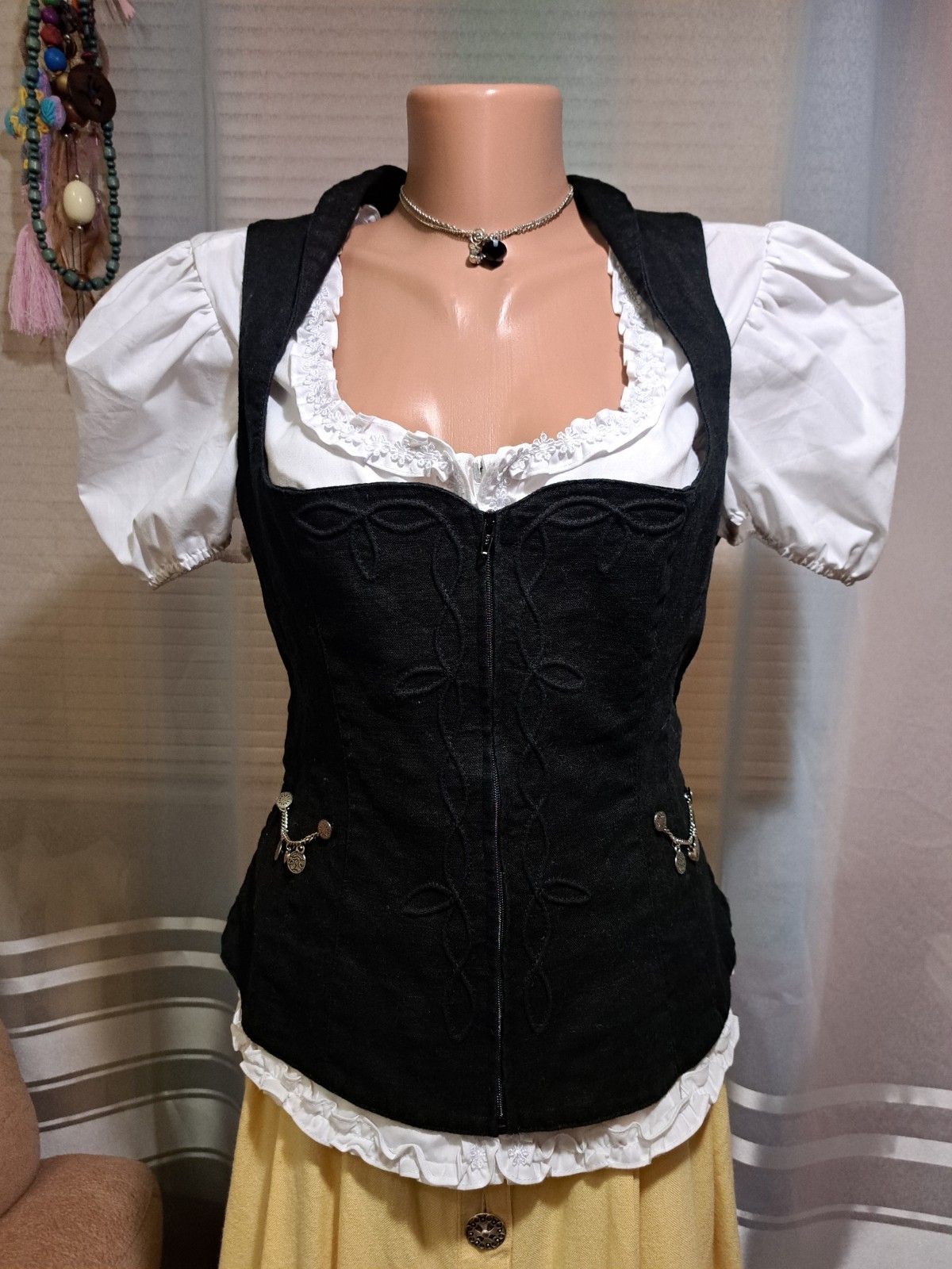 Vintage German Dirndl Set Bodice Blouse Skirt Linen Alpine Oktoberfest Sz M/EU40