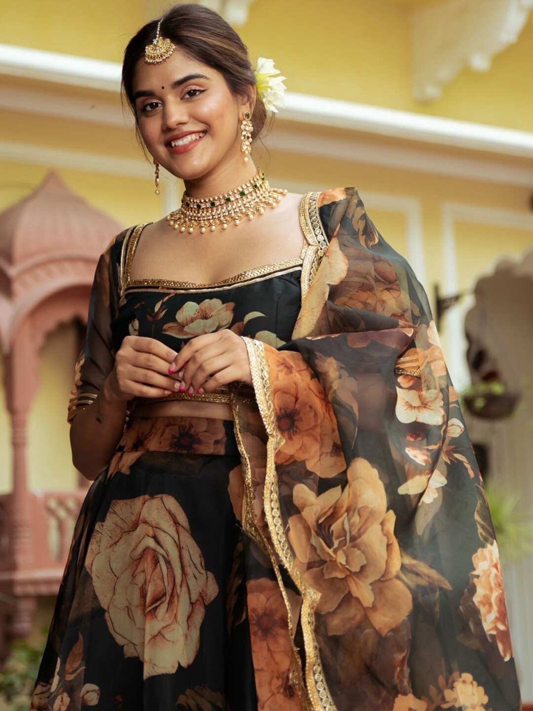 Festive Party Wear Organza Lehenga Choli With Digital Print & Mirror Work