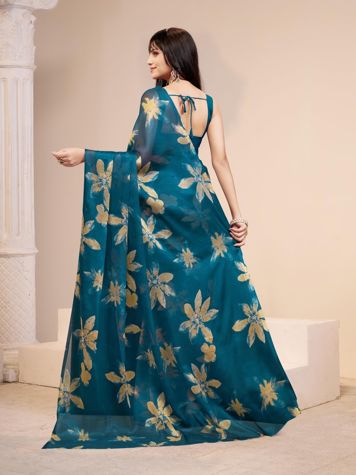 Women’s Floral Print Chiffon Saree Indian Bollywood Designer Festive Party Wear