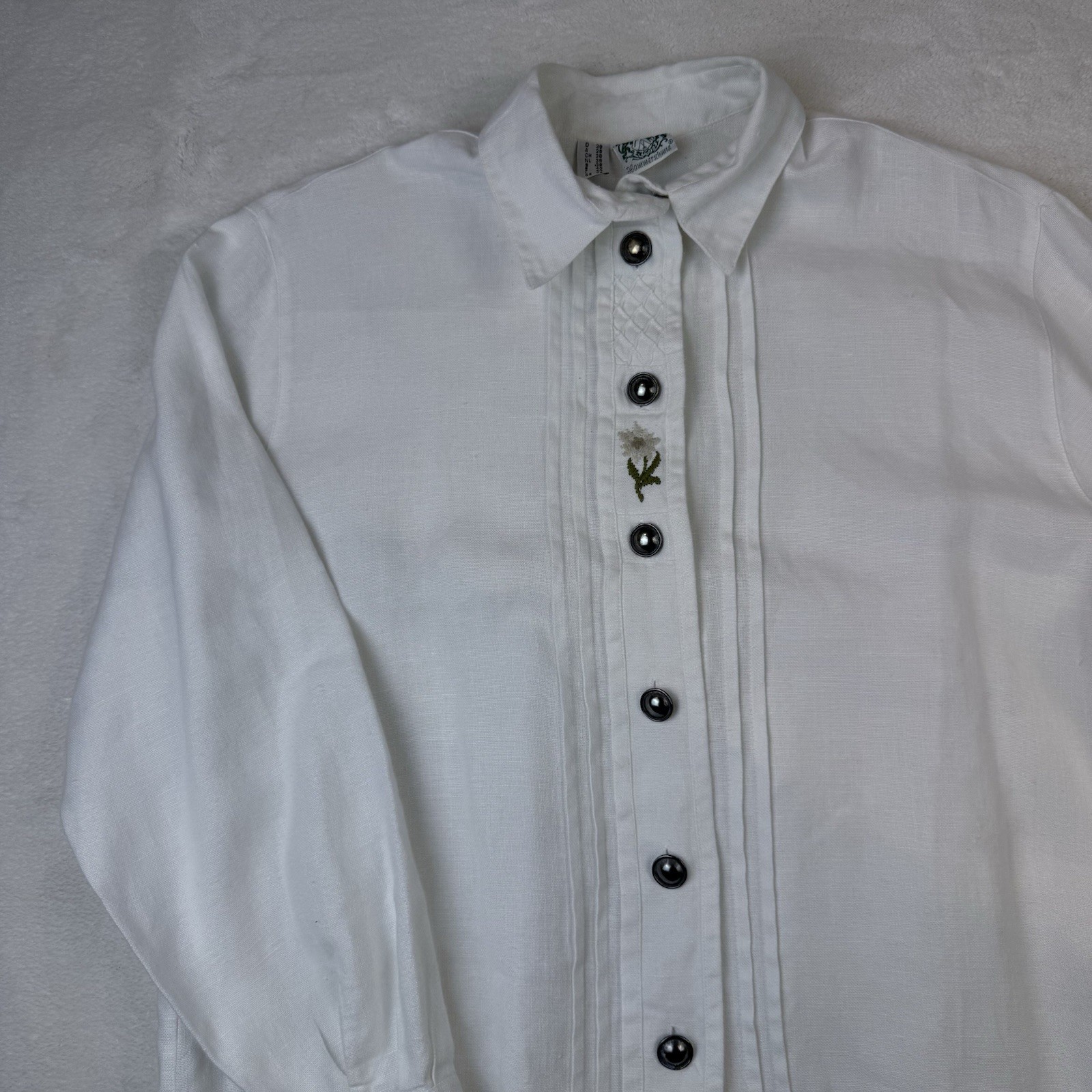 HAMMERSCHMID White Flower Embroidered Linen Long Sleeve Button Up Shirt Mens 38