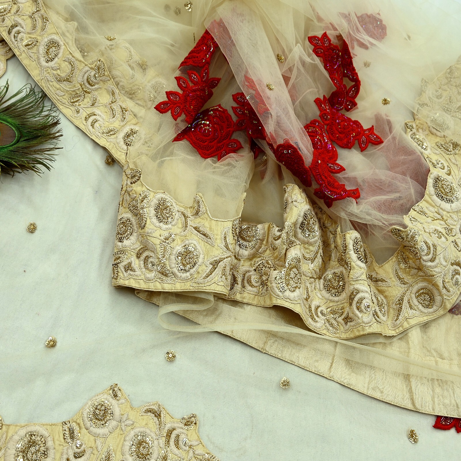 Indian Pre-Owned Heavy Sari Ivory Net Hand Embroidered Designer Abu jani Sarees