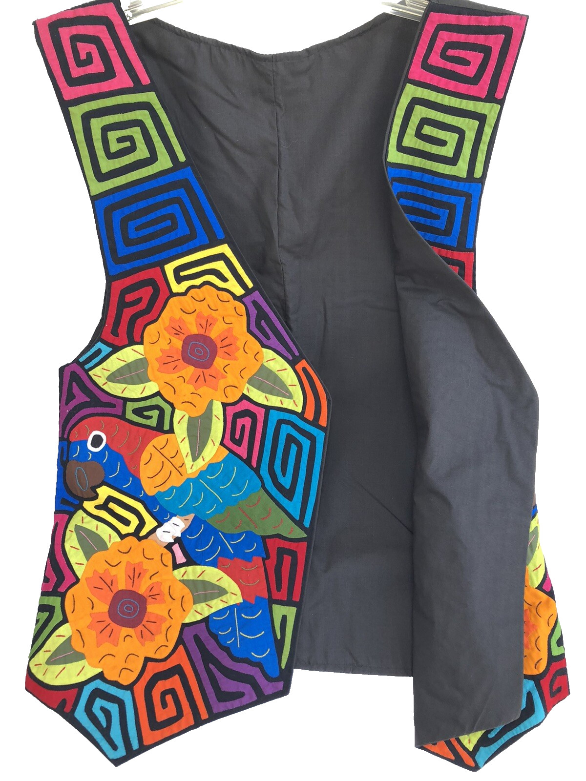 Colorful Panama Mola Vest Handmade appliqued Parrot flowers – unisex large