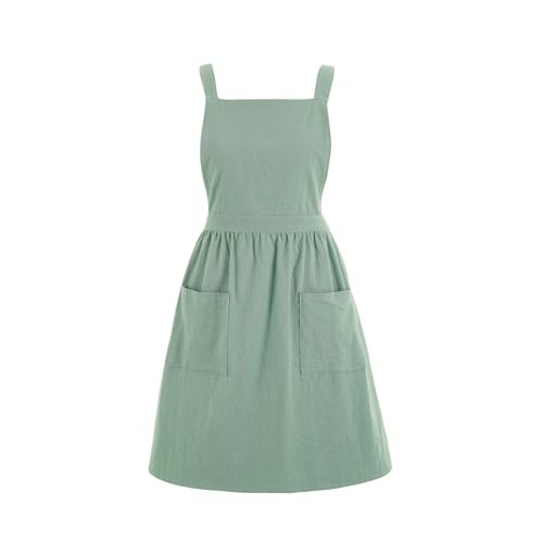 Pinknoke Cotton Linen Pinafore Apron Dress for Women with Pockets Sage Green