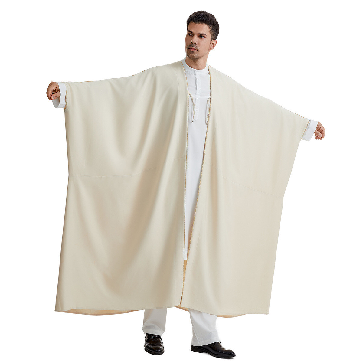 Saudi Arab Men Solid Color Open Kimono Batwing Robe Muslim Abaya Ramadan Prayer
