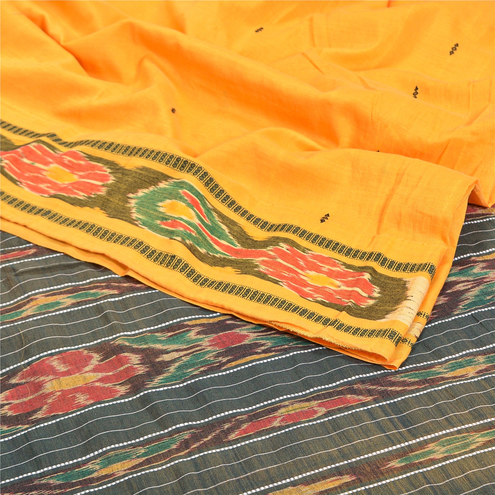 Sanskriti Vintage Yellow Ikat Hand Woven Sarees Blend Cotton Sari Craft Fabric