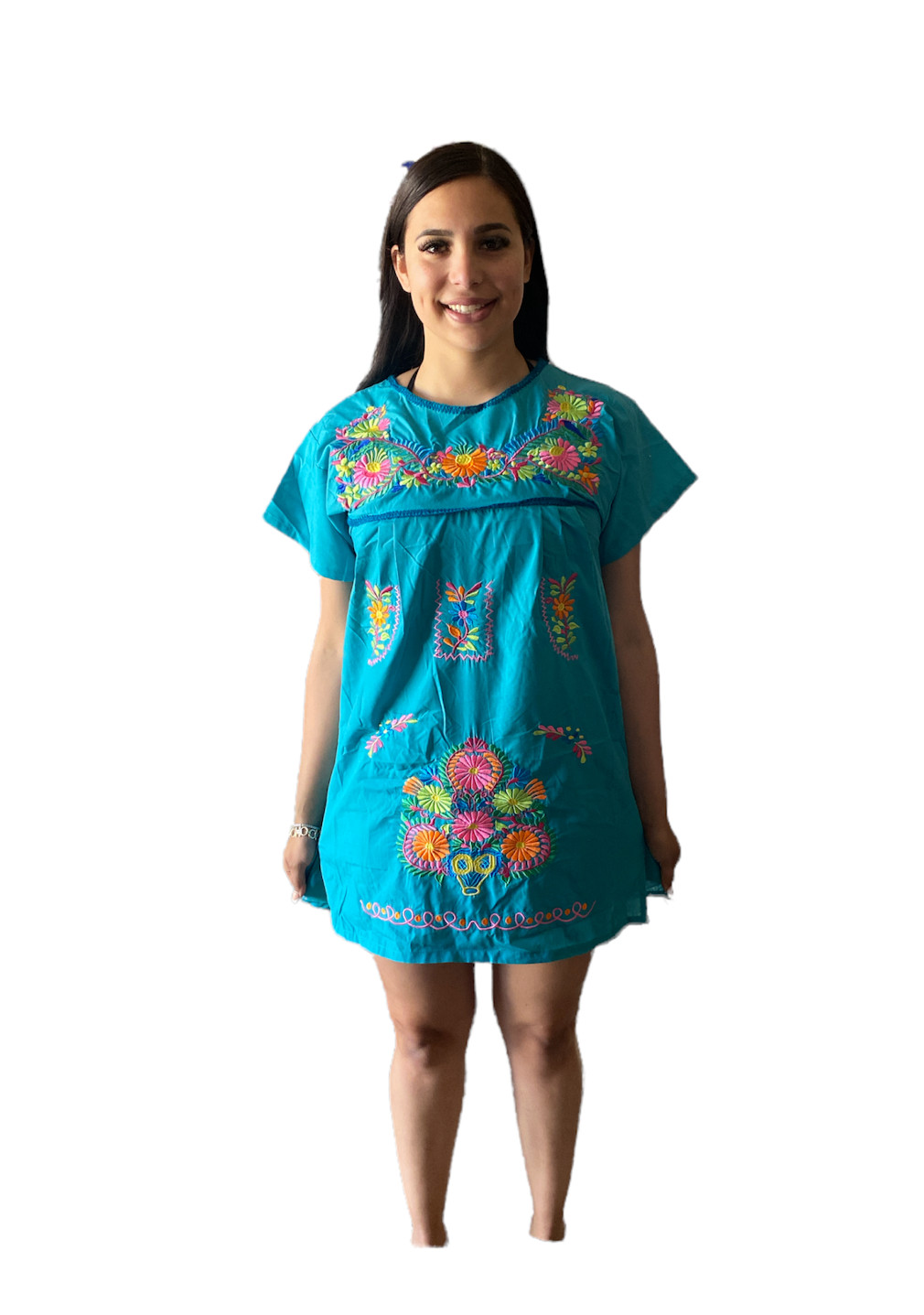 MEXICAN MINI TUNIC DRESS , SIZE SMALL , EMBROIDERED , MEXICO ,PUEBLA , TURQUOISE