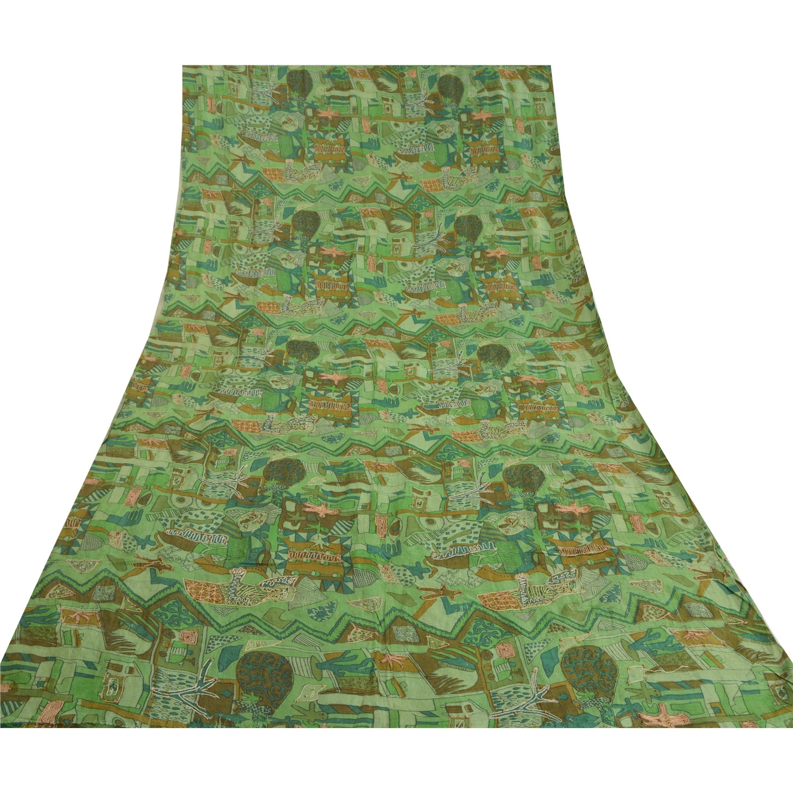 Sanskriti Vintage Green Sarees 100% Pure Silk Hand Beaded Zari Sari 6 Yd Fabric