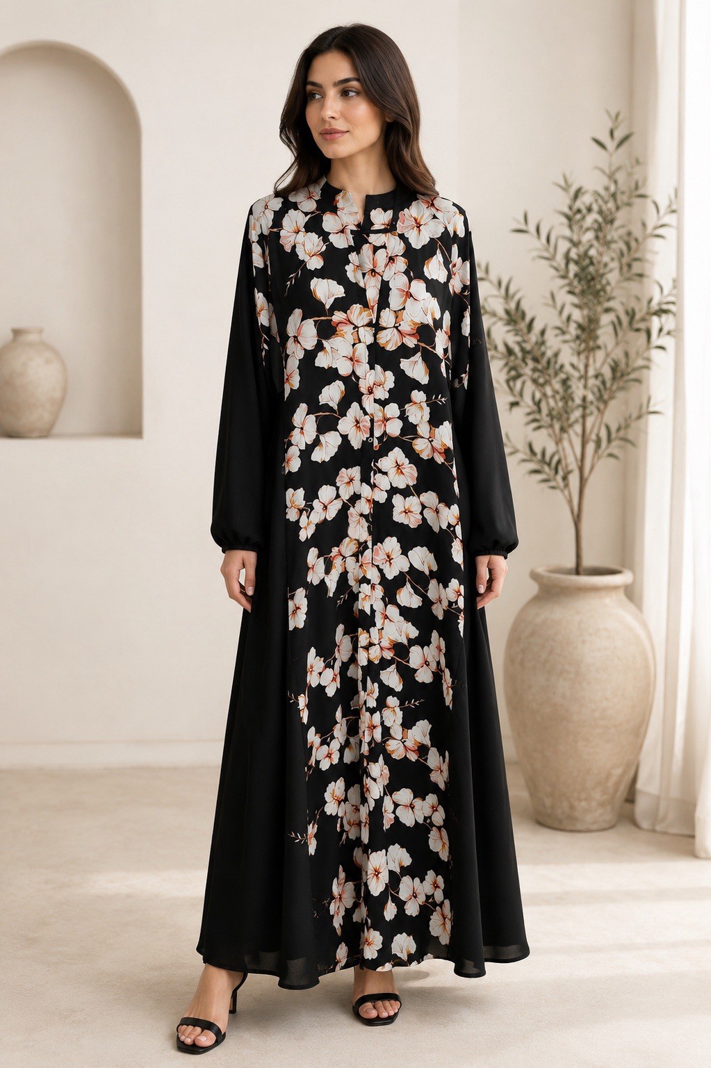 Libaayawear Women’s Black/White Floral Kaftan Robe Chiffon Polyester One Size