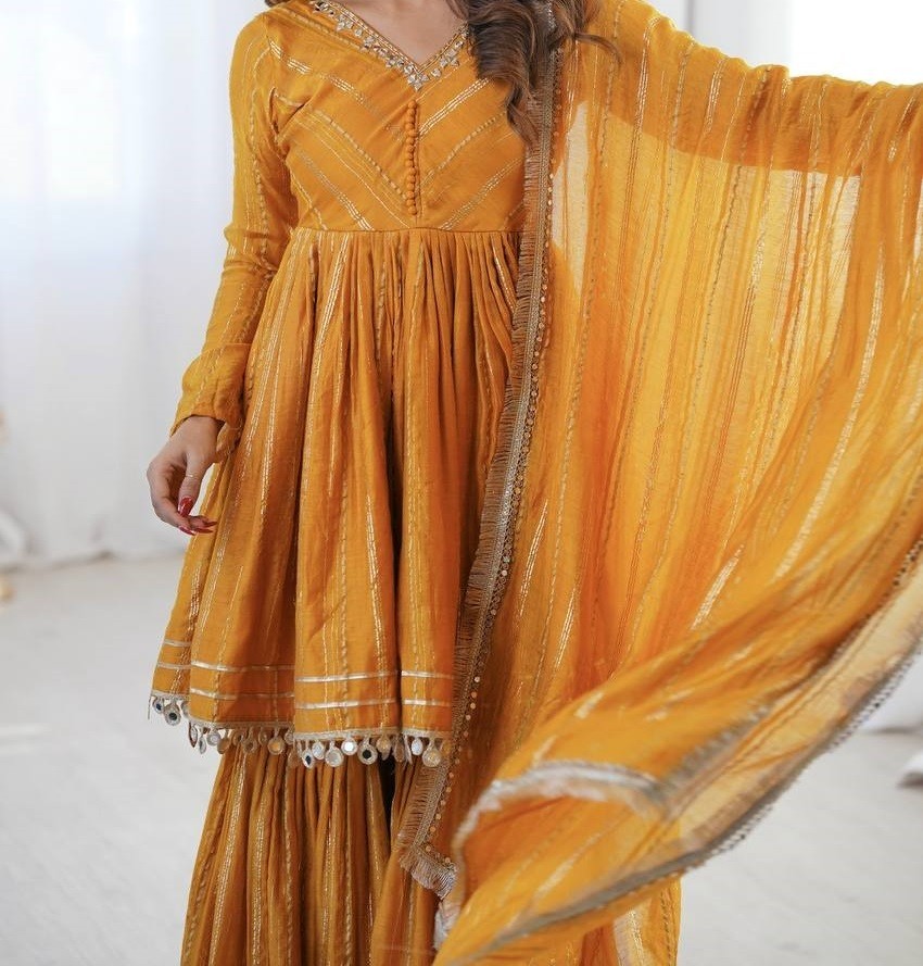 Stylish Look Mal Chanderi Yellow Palazzo Suit With Dupatta For Function Wear