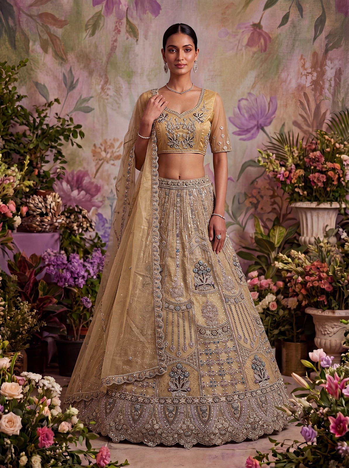 Designer Bridal Net Lehenga Choli Dabka Zari Sequins Wedding Wear