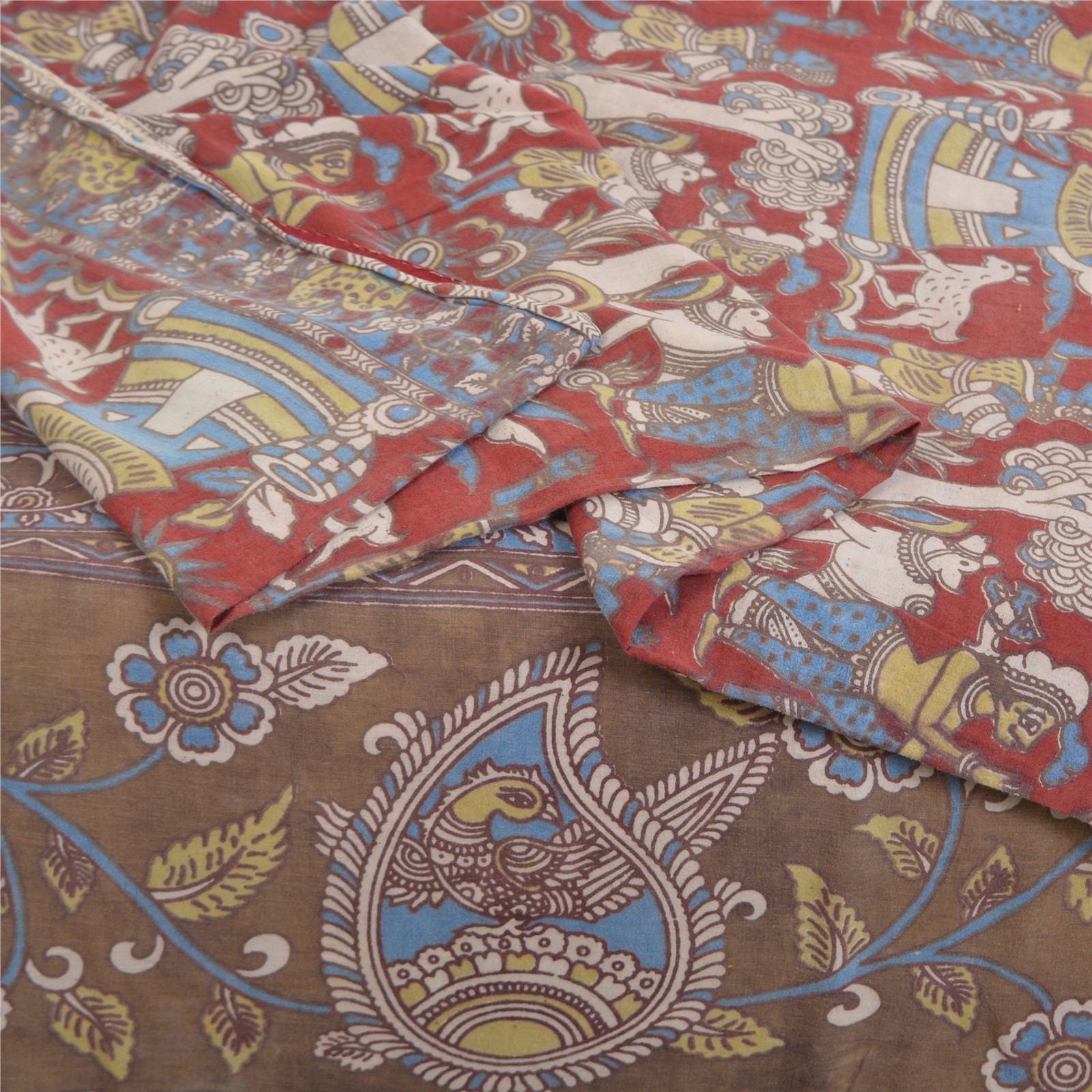 Sanskriti Vintage Gray/Red Pure Cotton Sarees Kalamkari Printed Sari 5+Yd Fabric