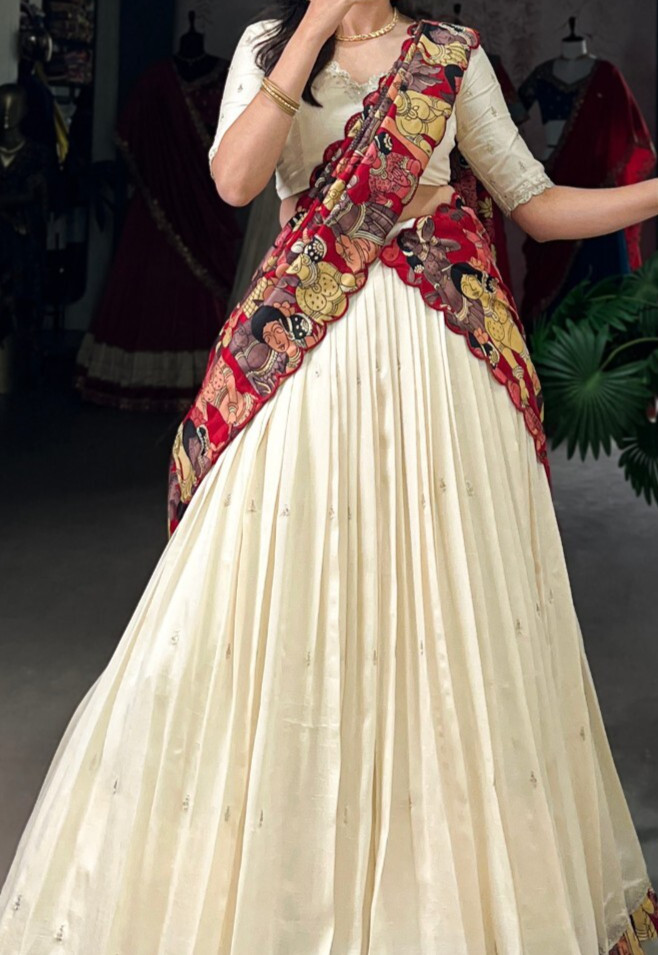 New Collection Off White Vichitra Silk Lehenga Choli With Dupatta For Women
