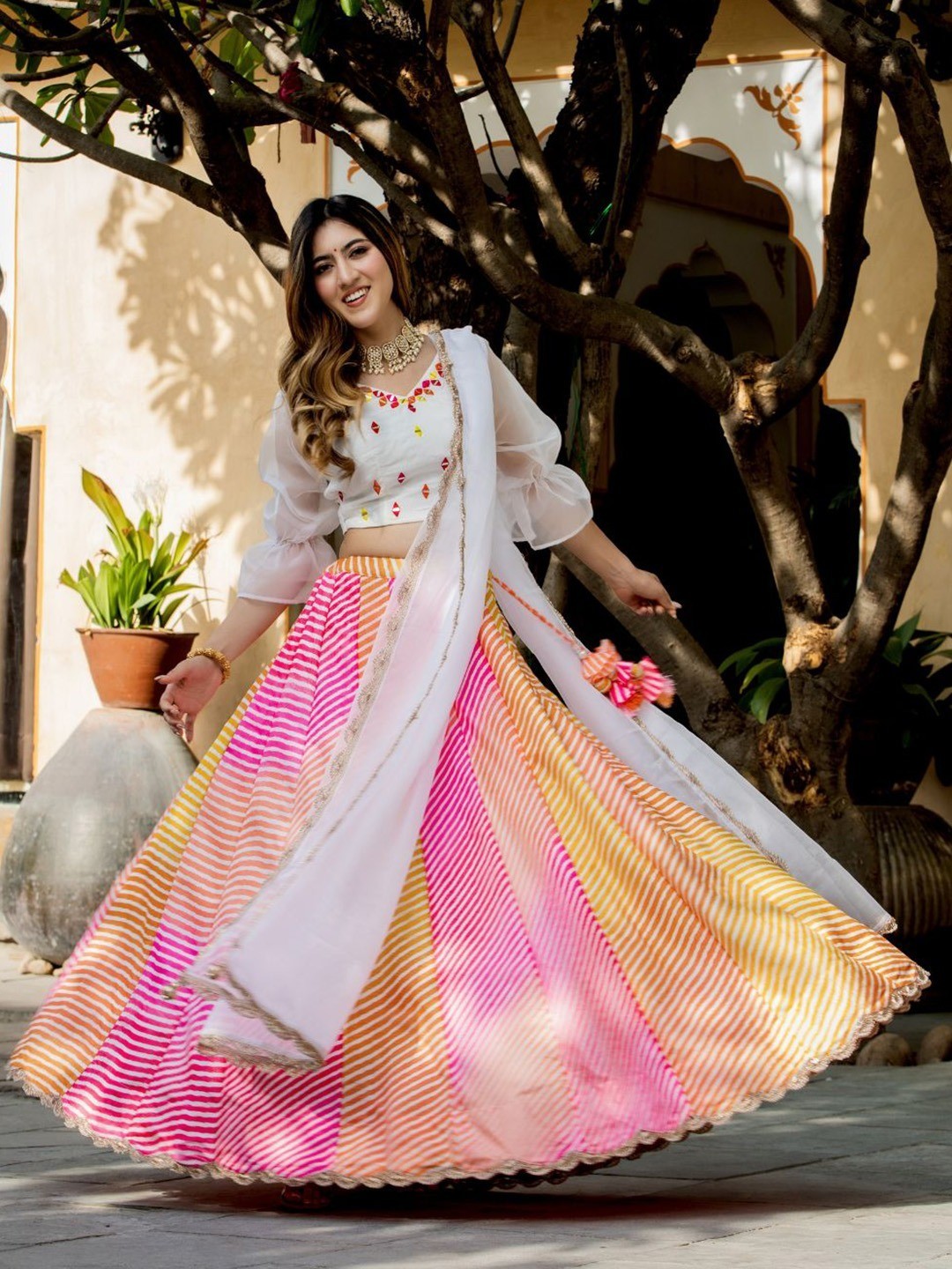 Festive Party Wear Organza Lehenga Choli With Digital Print & Mirror Work