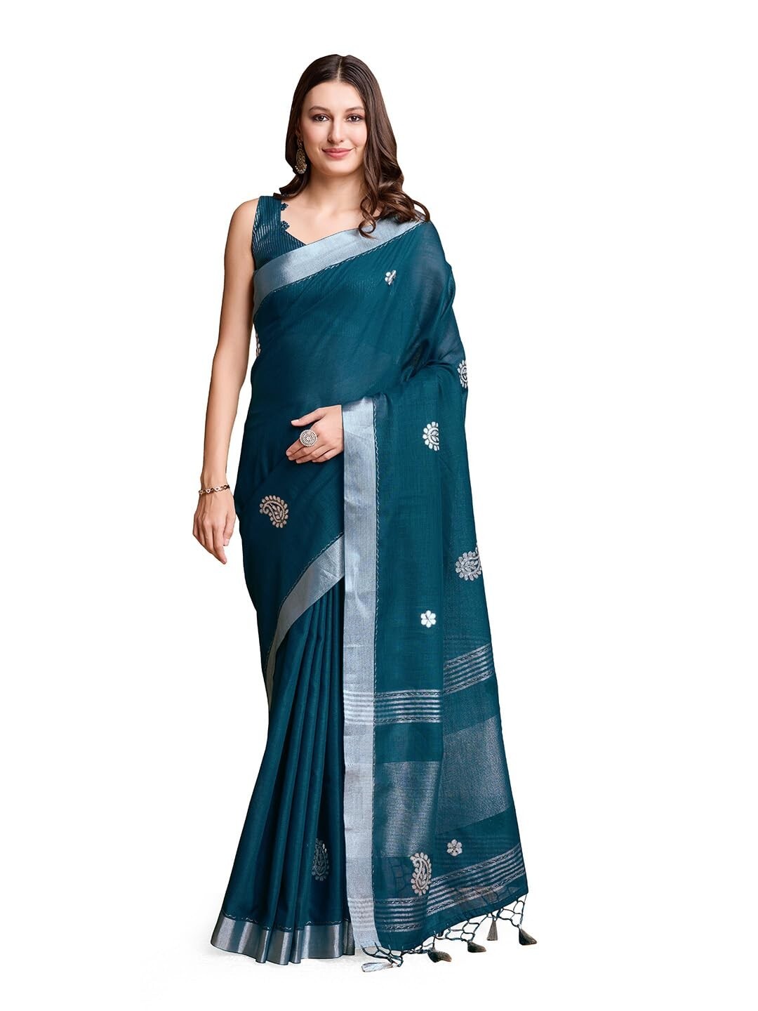 Women’s Linen Hand Gota Woven Saree With Unstitched Blouse Piece