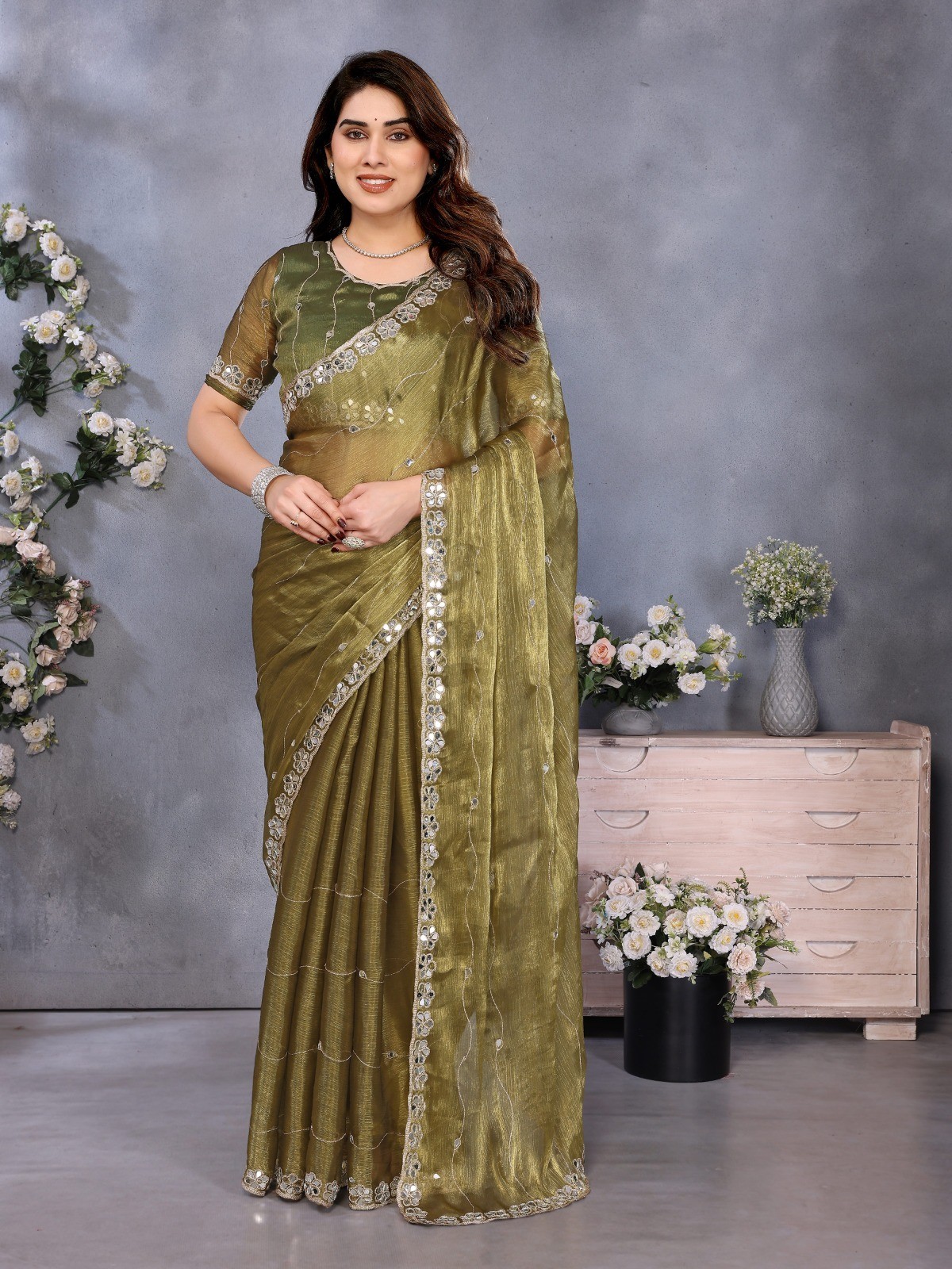 Soft Burberry Silk Saree with Embroidery and Real Mirror hand Work with Cut Work