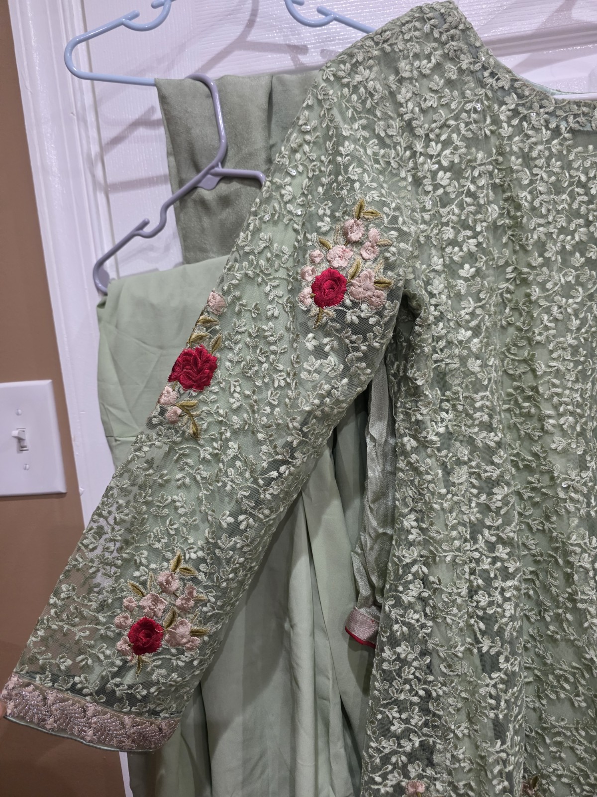 Pakistani 3Pc Embroidered Net Suit Green Gharara Kameez Wedding Party Size M