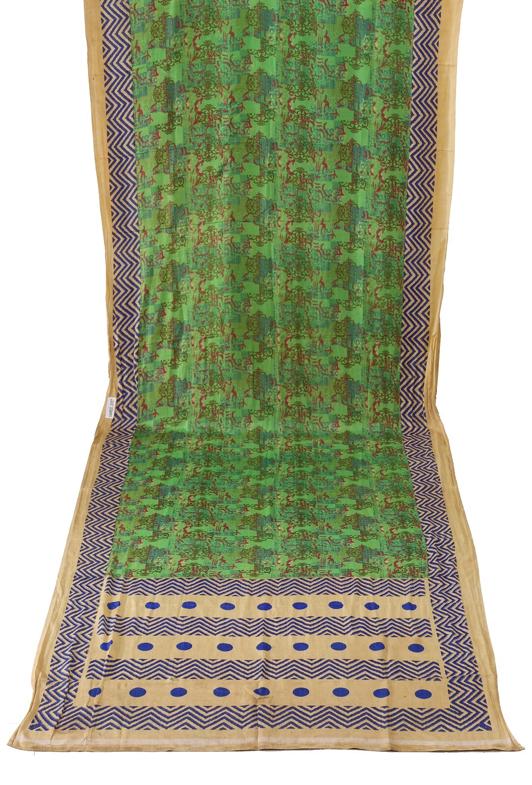 Vintage Sarees Green Beige Indian Pure Silk Printed Sari Floral Craft Fabric