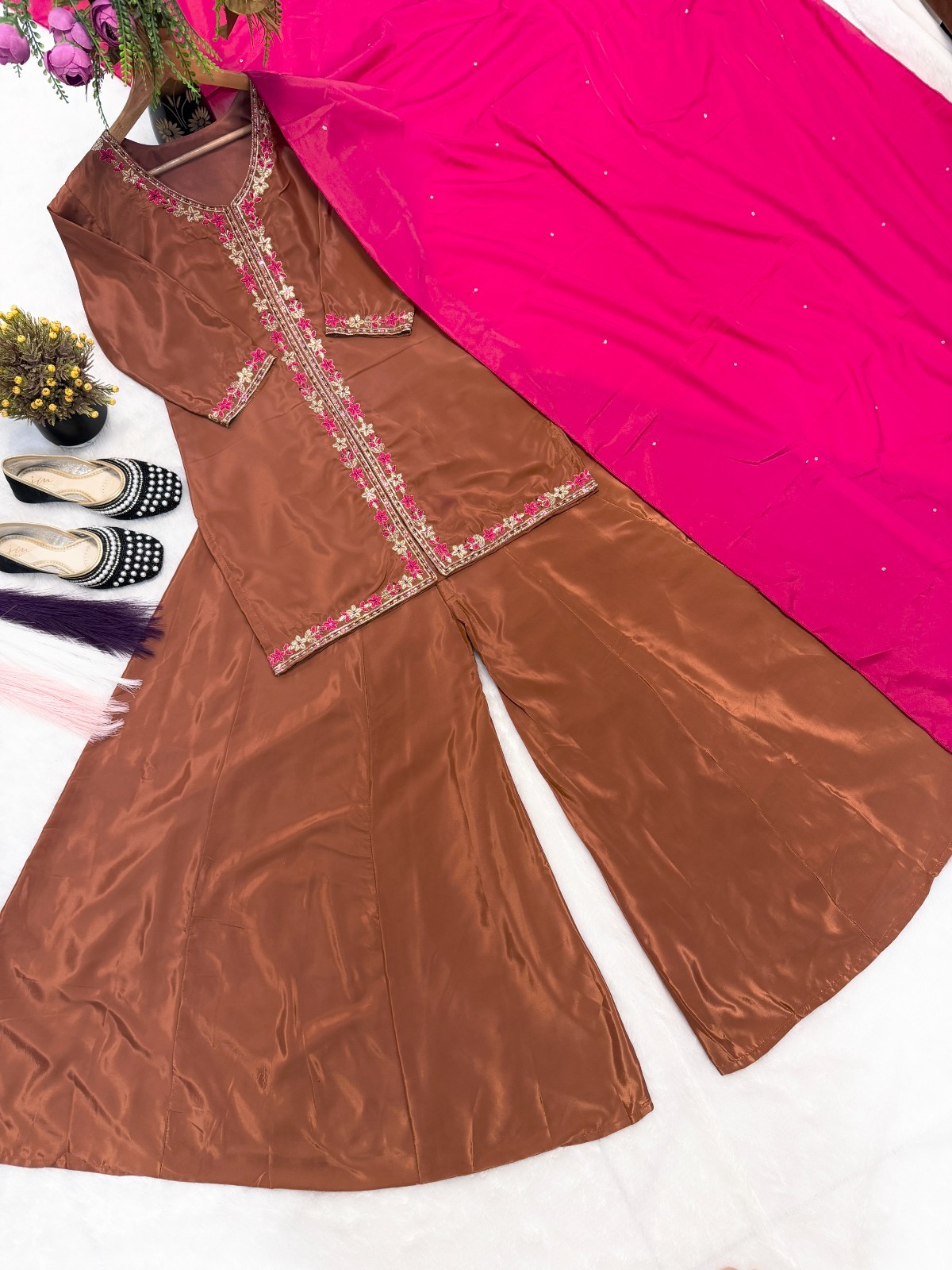 Fancy Designer Heavy Georgette Coffee Palazzo Suit And Dupatta For Function Wear