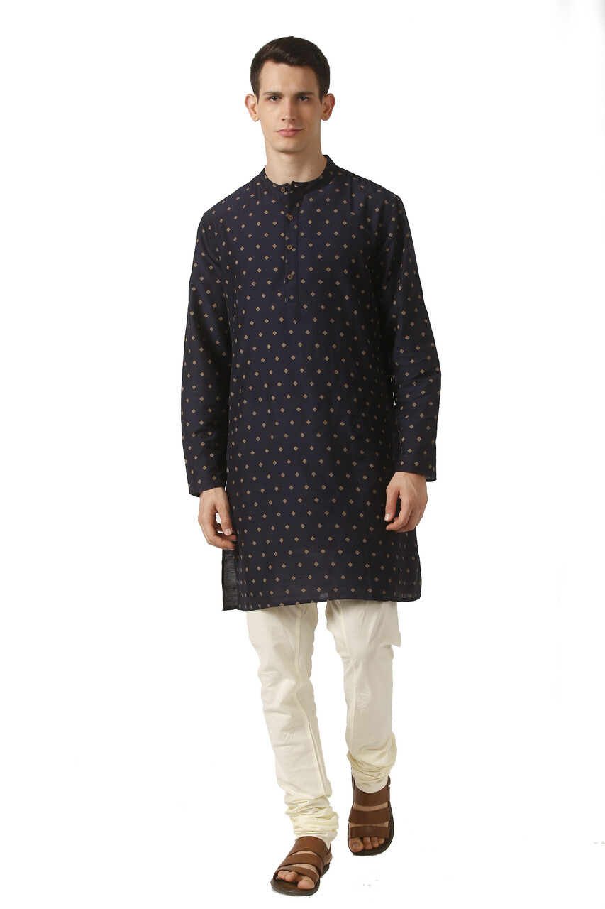 In-Sattva Men’s Mandarin Collar Micro Dobby Fine Print Navy Blue Kurta Tunic