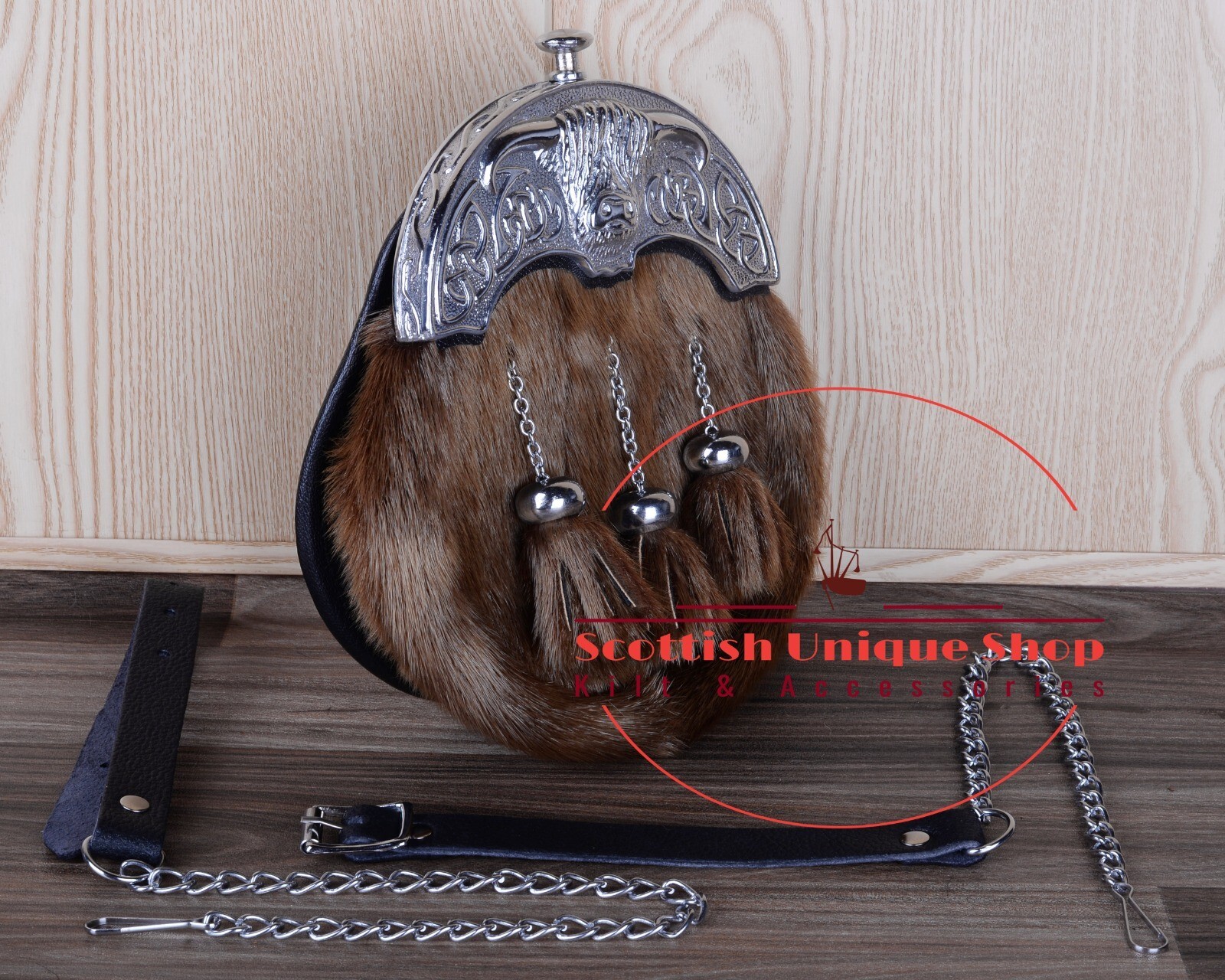 Handmade Full Dress Seal Fur Sporran Silver Cow Head Design Cantle & BELT Strap