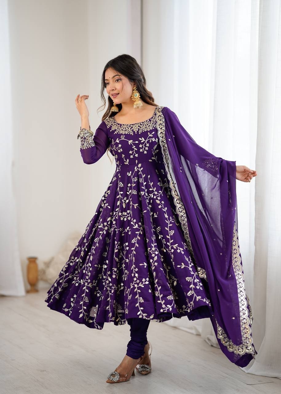 Elegant Purple Georgette Embroidery Sequins Work Flared Anarkali Gown 3 Pc Set